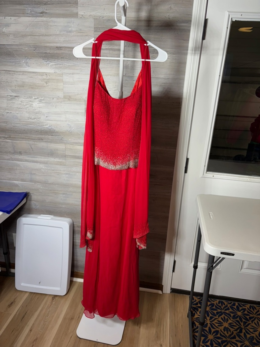 Elegant Red Halter Maxi Dress with Beaded Bodice and Drape 1480